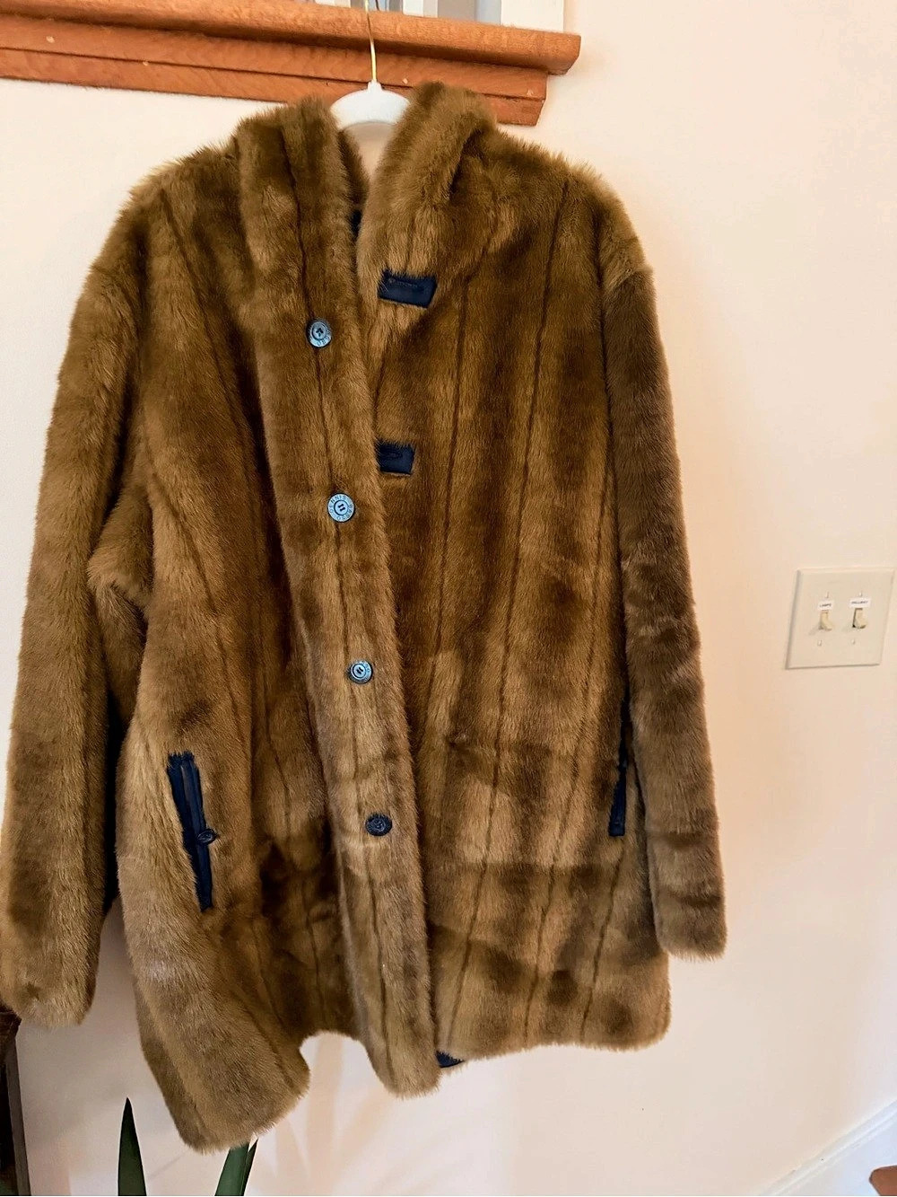 Faux Fur Trim Hooded Coat reversible in Blue & Brown Like New